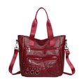 Grand sac cabas bordeaux en similicuir avec poches à fermeture éclair et anneau métallique - Rouge