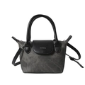 Dark gray canvas bucket bag with black leather flap and adjustable shoulder strap - Black