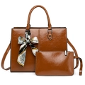 Ensemble sac à main marron en cuir ciré avec petite pochette et foulard en soie décoratif - Marron