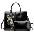 Ensemble sac à main et pochette en cuir ciré noir avec coutures blanches et foulard en soie - Noir