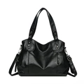 Classic black PU leather tote bag with lychee texture and pleated design - Black