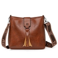 Braune Vintage-Eimertasche mit Fransen und breitem Logo-Gurt für Damen - Kaffeebraun