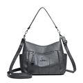 Borsa a tracolla grigio scuro da donna con multi-zip e texture in pelle a grana litchi - grigio scuro