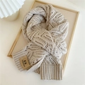 Thick beige cable knit scarf with a premium brown leather label in a cozy winter style - 35*180cm / Beige