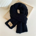 Thick black cable knit scarf for winter with a stylish brown decorative brand label - 35*180cm / Black