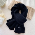 Solid black knit scarf for women with woven logo tag and thick textured winter design - Black