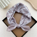 Gray-purple cotton linen square scarf with white abstract leaf texture tied in a bow - Lotus Pink Water Flow Pattern