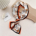 White narrow silk twilly scarf with orange border and horsebit chain pattern - Horseshoe Chain