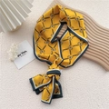 Long silk scarf in mango yellow with classic equestrian horse pattern and green border - Pony Belt Grid Yellow