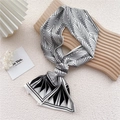 Elegant long skinny silk scarf with black and white geometric leaf pattern and satin finish - Scallop Scale White