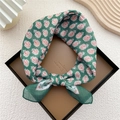 Green floral cotton linen square scarf with orange pattern displayed in a premium gift box - Green Peacock Feather Pattern