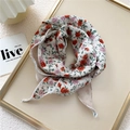 Floral print narrow silk scarf in beige with red flowers for neck or hair - 30*125cm / Cream Rose Double Layer