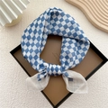 Blue and white checkerboard pattern linen neckerchief tied in an elegant bow style - Blue Two-Tone Gingham