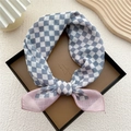 Blue and white checkered cotton linen scarf with pink tulle hem tied on a gift box - Grey Two-Tone Gingham
