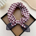 Elegant burgundy and white checkered cotton linen scarf with black sheer mesh trim - Dark Red Two-Tone Gingham