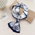 Narrow silk scarf with nautical sailing ship print and blue trim in cream color - Navy Sail Frame