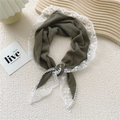 Olive green cotton linen scarf with delicate white lace trim and knotted detail - Olive Green