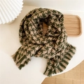 Classic houndstooth knit scarf in dark green and khaki with elegant tassel details - Green Houndstooth