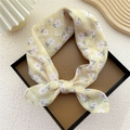 Floral cotton linen headscarf in bright yellow with a stylish bow tie knot - Yellow Six-Petal Flower