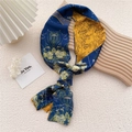 Navy and yellow floral silk skinny scarf tied on a decorative wooden board - Golden Osmanthus Navy