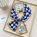 Elegant narrow silk scarf with blue diamond pattern and letter print in a gold tray - Blue Dotted Grid Letter R (8X)