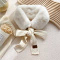Creamy white faux fur scarf with beige knitted bow tie and small leather logo label - Cream