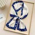 Elegant skinny silk scarf with blue floral pattern on white, satin texture finish - Navy Dianthus Frame (3X)