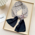 Elegant skinny silk scarf featuring champagne geometric prints and a black tie knot - Black Plaid Darts (17X)