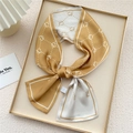 Ginger and white silk skinny scarf with geometric monogram pattern and white piping detail - Yellow Sprout Dots (26X)