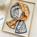 Long skinny silk scarf featuring yellow floral print and blue houndstooth pattern - Orange Circular Floral (10X)