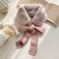 Pale pink faux rabbit fur neck warmer with thick cable knit ribbon and leather logo detail - Pink