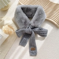Plush faux rabbit fur neck warmer in grey with knitted ribbon bow and leather logo detail - Gray
