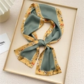 Floral print skinny silk scarf in sage green and ginger yellow with satin finish - Yellow Dianthus Frame (6X)