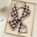 Classic brown and beige checkered silk twilly scarf with repeating R letter print - Brown Dotted Grid Letter R (7X)