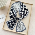 Fashion narrow silk scarf with black white checkerboard and R-letter print for women - Black Dotted Grid Letter R (9X)
