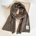 Knitted dark coffee brown scarf with vintage hollow out pattern and brand label - Dark Green