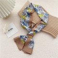 Long silk scarf headband featuring elegant blue and yellow floral prints with brown borders - Floral Khaki