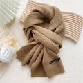 Minimalist waffle knit winter scarf in warm camel tone with designer label detail - Khaki