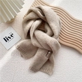 Short beige knitted winter scarf with a brown leather patch for women and men - 18*155cm / Oatmeal