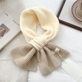Knitted crossover scarf in beige and camel patchwork with handmade leather label - White Dual Color