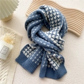 Thick foggy blue knitted scarf featuring white heart jacquard and ribbed edges - 28*180cm / Blue White Heart