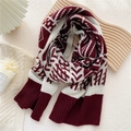 Knitted winter scarf in burgundy and beige with vintage geometric pattern - 42*180cm / Burgundy