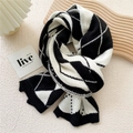 Thick knit scarf with black and white argyle pattern and vintage ribbed edges - Black Big Argyle