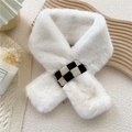 White faux fur winter scarf with a stylish black and white checkered knit loop detail - Cream (Checkerboard Ring)