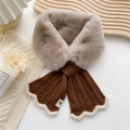 Winter plush cross scarf featuring gray faux fur and brown ribbed knit with white trim - 10*82cm / Brown
