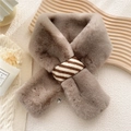 Plush faux rabbit fur neck warmer in taupe with a striped knit cross loop detail - Brown (Stripe Ring)