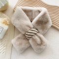 Faux rabbit fur cross scarf in beige with a striped knit loop for winter warmth - Khaki (Stripe Ring)