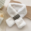 Plush white faux rabbit fur neck warmer with striped knit loop and cross-wrap design - Cream (Stripe Ring)