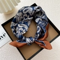 Elegant navy blue paisley silk square scarf folded inside a premium black gift box - Paisley Floral Navy