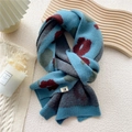 Deep blue knitted scarf with red and green floral pattern and stitched brand tag - Blue Large Floral